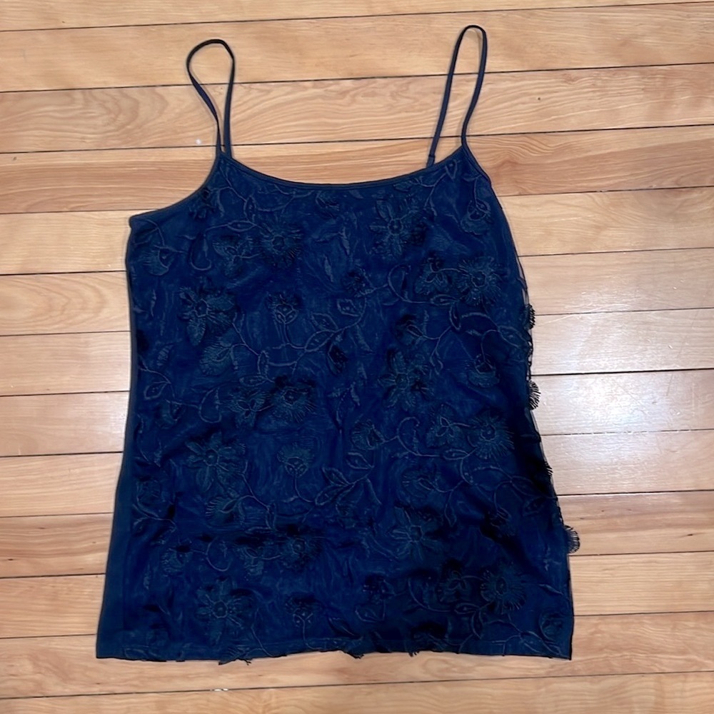 Ann Taylor Navy Floral Appliqué Spaghetti Strap Top. Size M